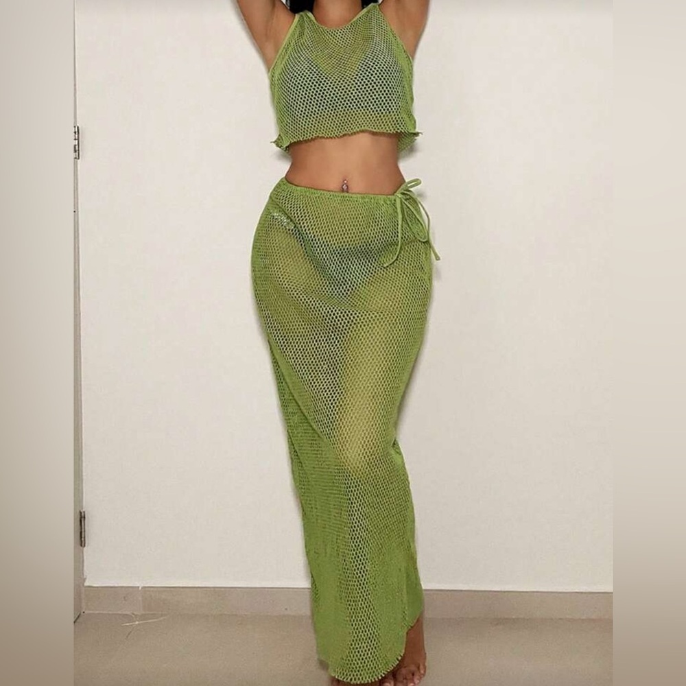Green Mesh Maxi Skirt Swim Coverup